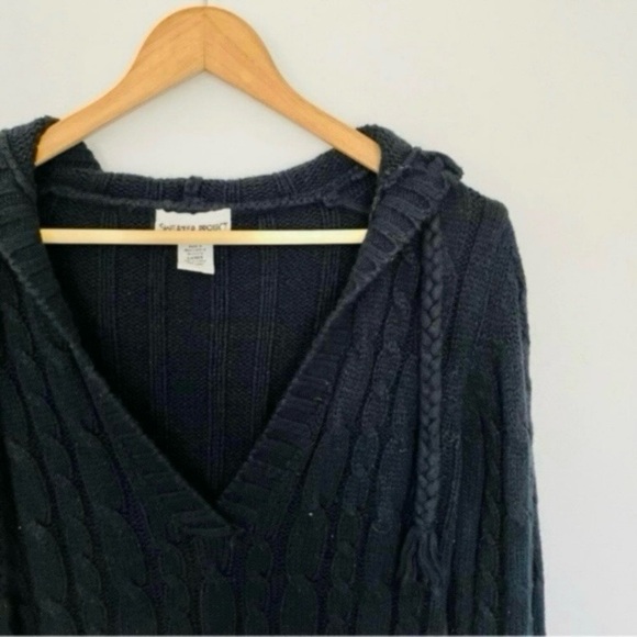 Vintage Black Y2K Cable Knit Hoodie Sweater Project Braided Strand V Neck Grunge - Picture 1 of 11